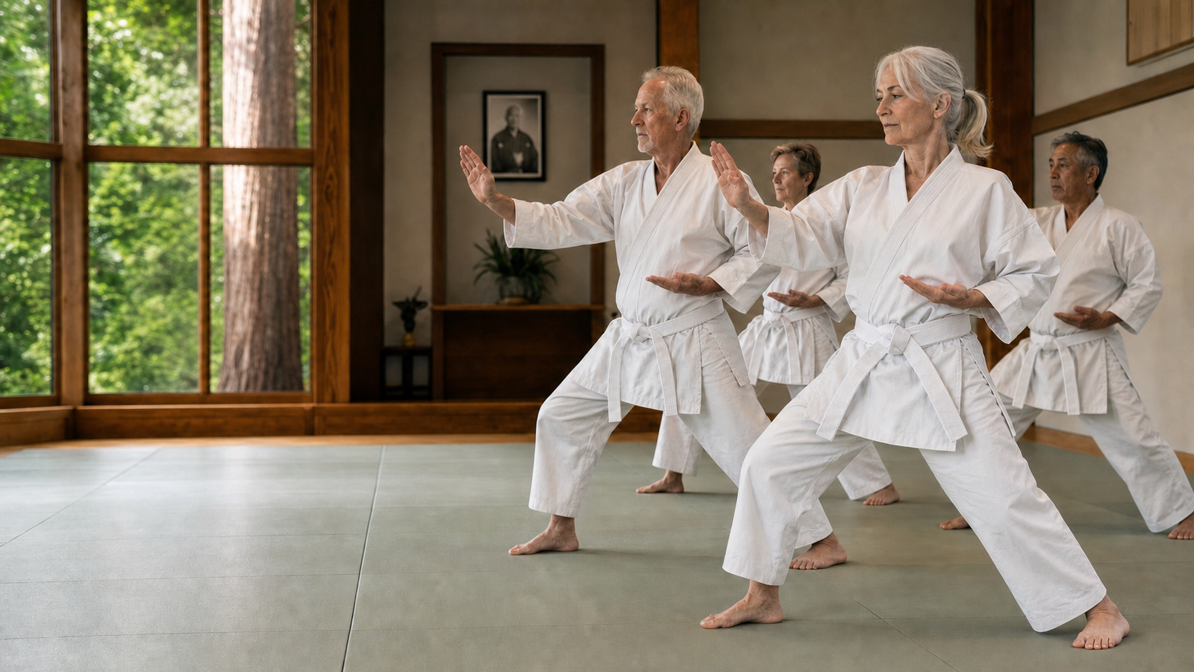 Older adults practicing a controlled karate form together in a naturally lit dojo