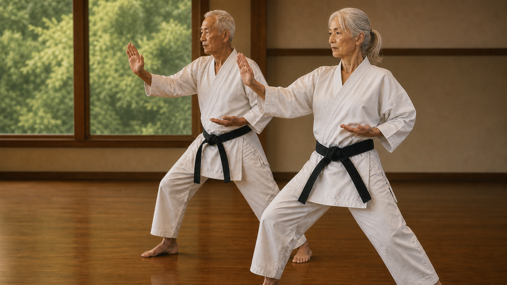 Two older adults practicing together on the warm wood floor of the Eureka dojo