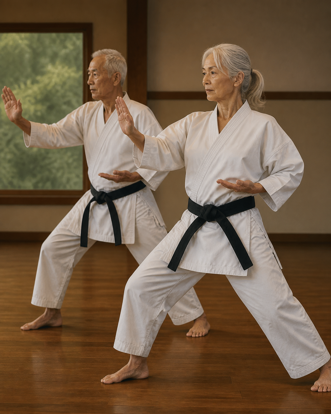 Two older adults practicing a calm Karatedo movement together in the dojo